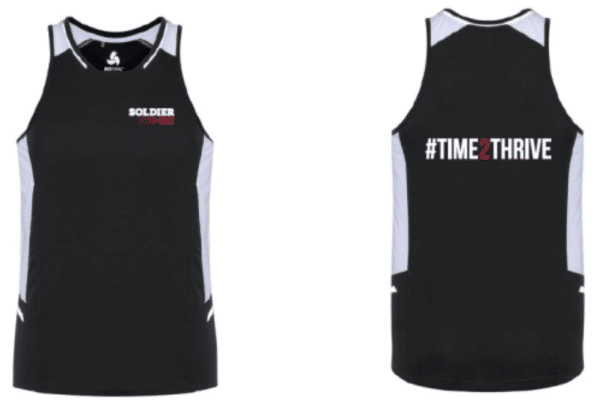 Front and back views of black men's running singlet. Singlet has white side panels, the front has Soldier On logo on front left hand chest, and the back shows the hashtag time two thrive logo.